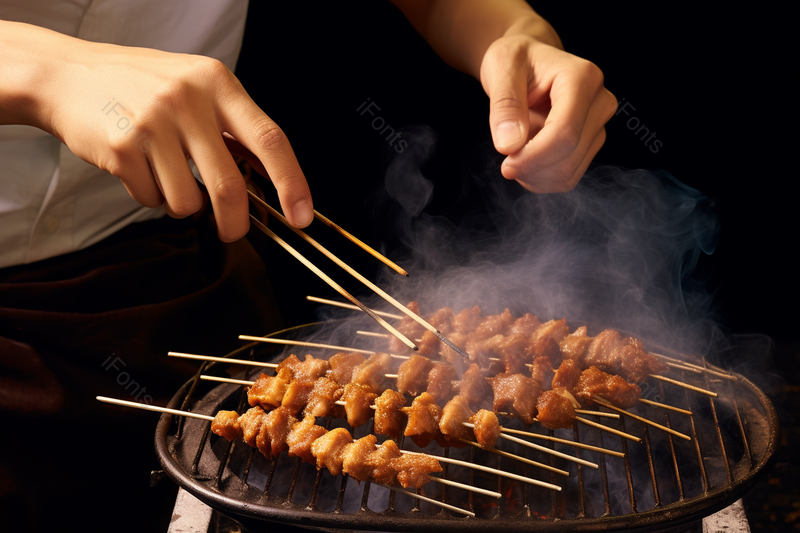 拿着竹签正在烤羊肉串的手特写,高清,摄影图,摄影图片,图片大全,摄影图免费下载